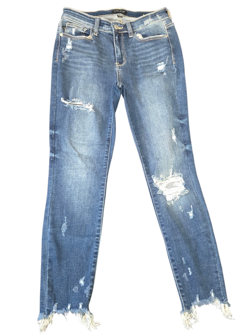 Judy Blue Distressed Medium Blue Skinny Jeans with Frayed Hem 7 / 28